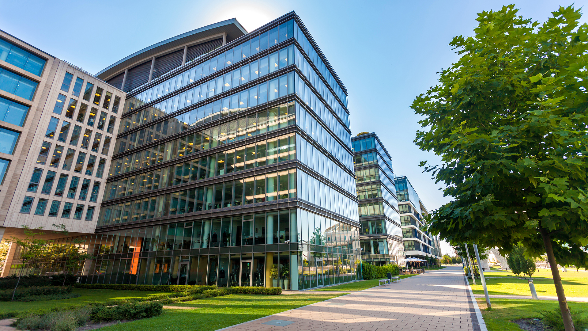 Alley with modern office buildings in Budapest